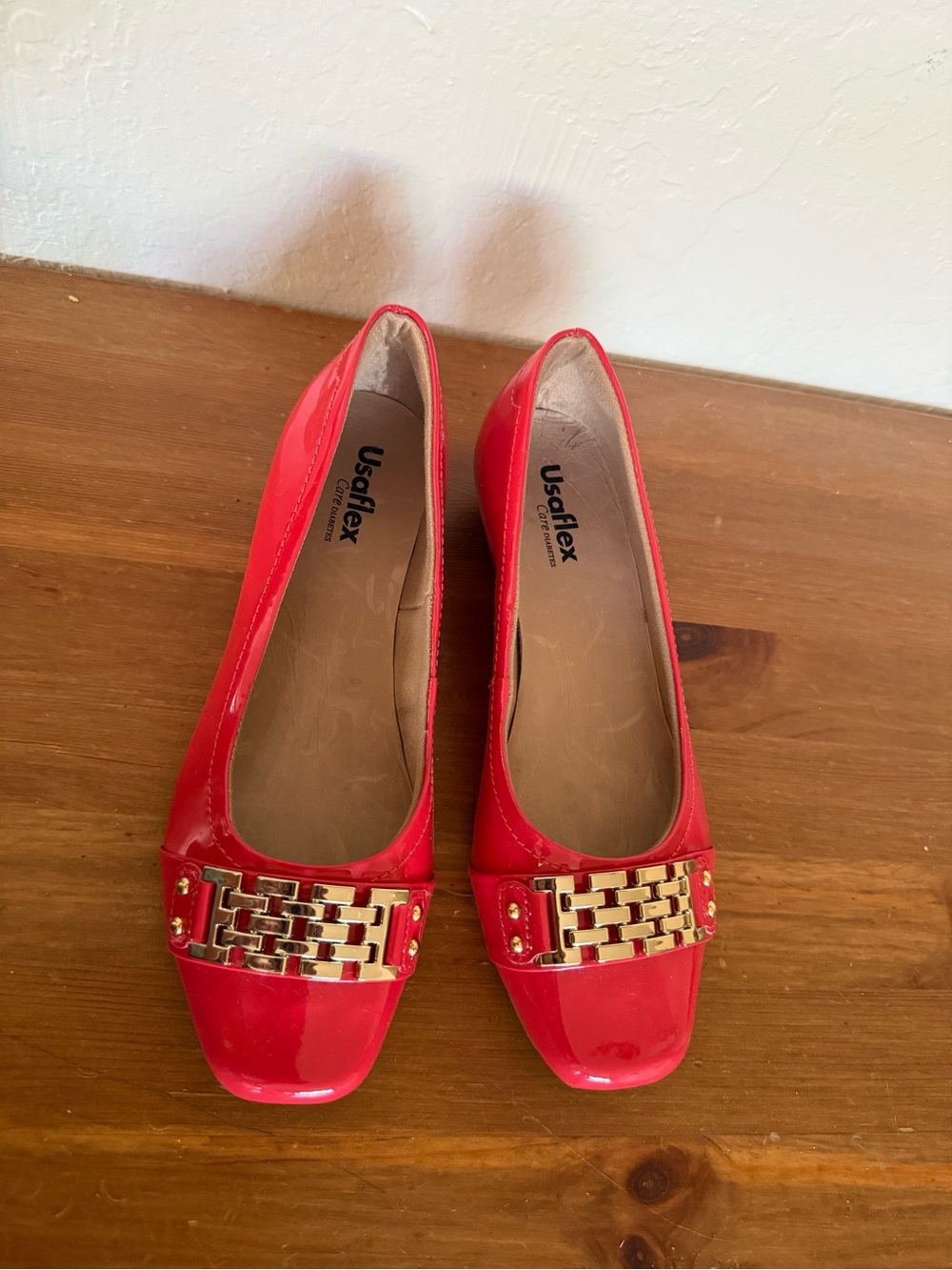 Red Patent Leather Ballet Flats with Gold Accent
